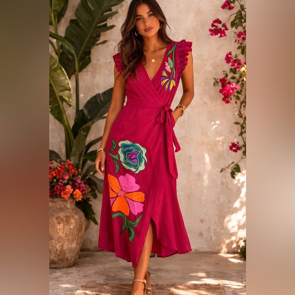Anouk Grewal Floral Applique Wrap Midi Dress Magenta Embroidered Boho Dress XS